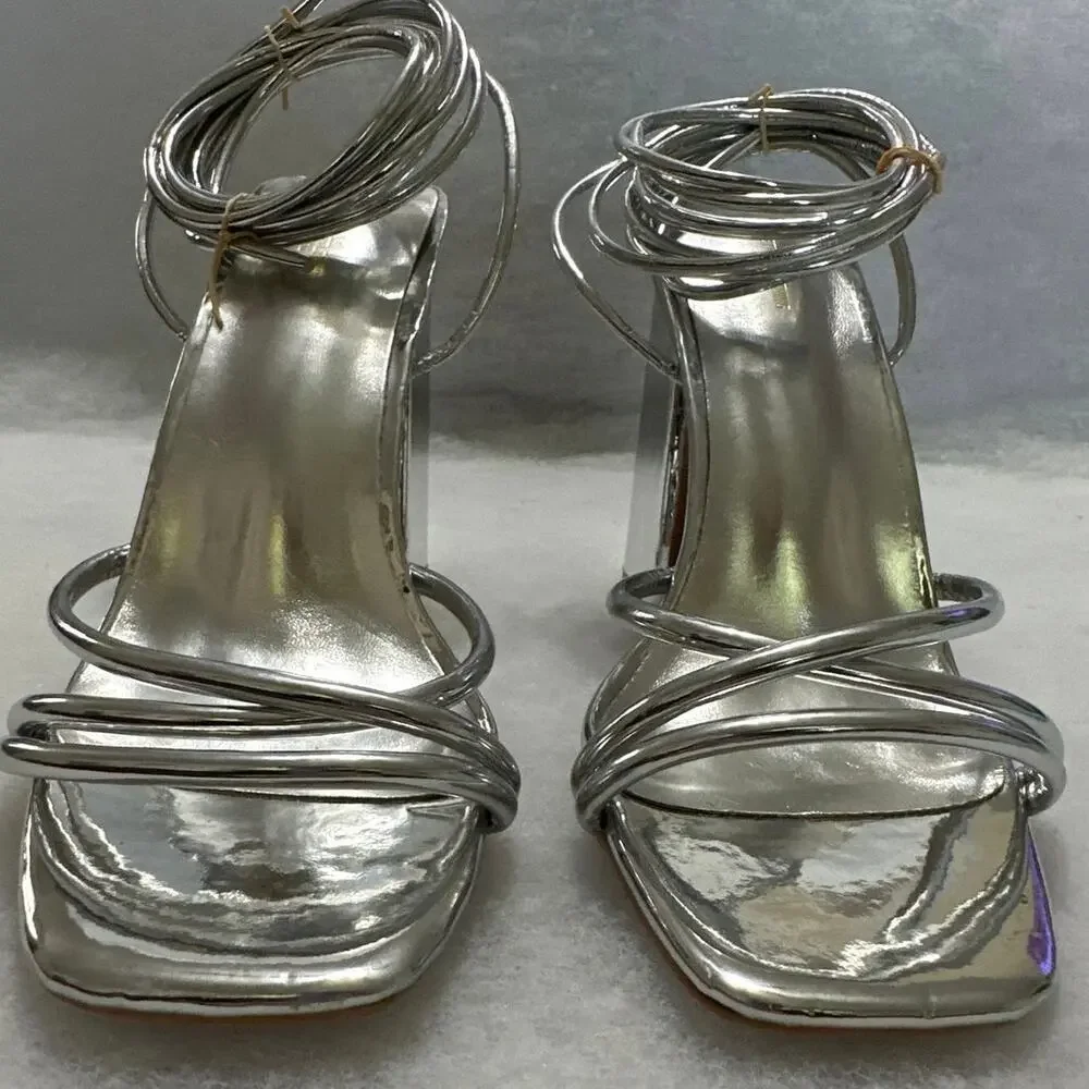 Pretty Little Thing Wide Fit Metallic Silver Strappy Lace-Up Block Heels. Size 7